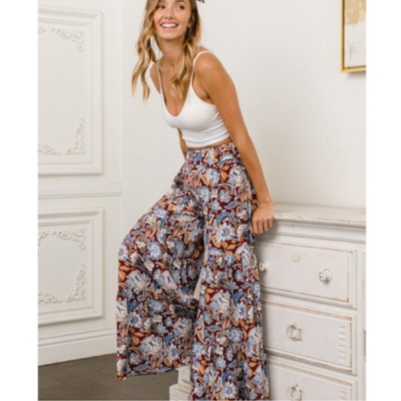 NEW Floral Wide Leg Elastic Waist Summer Pants - Picture 3 of 6